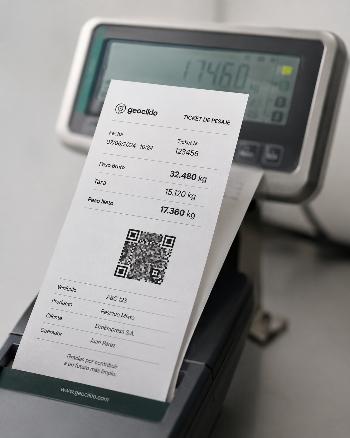 Ticket de pesaje digital Geociklo en báscula